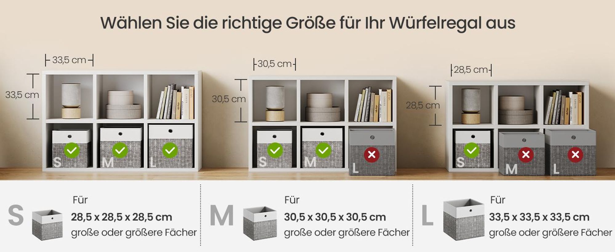 SONGMICS Aufbewahrungskörbe, 6er Set, faltbare Stoffboxen mit PP-Platten, für Regal, 30 x 30 x 30 cm, weiß-grau