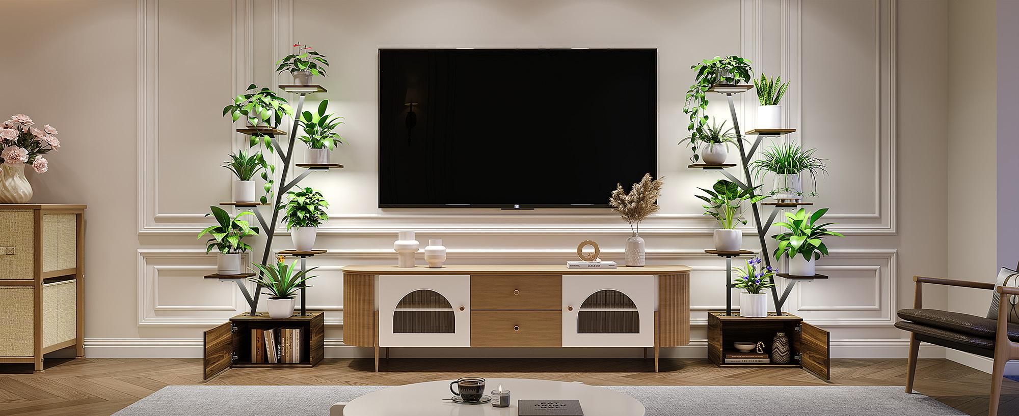 INONEFT 6 Ebenen Blumenständer mit Wachstumslichtern,Metall Holz Pflanzenregal ,Innen Blumentreppe,2 STÜCK