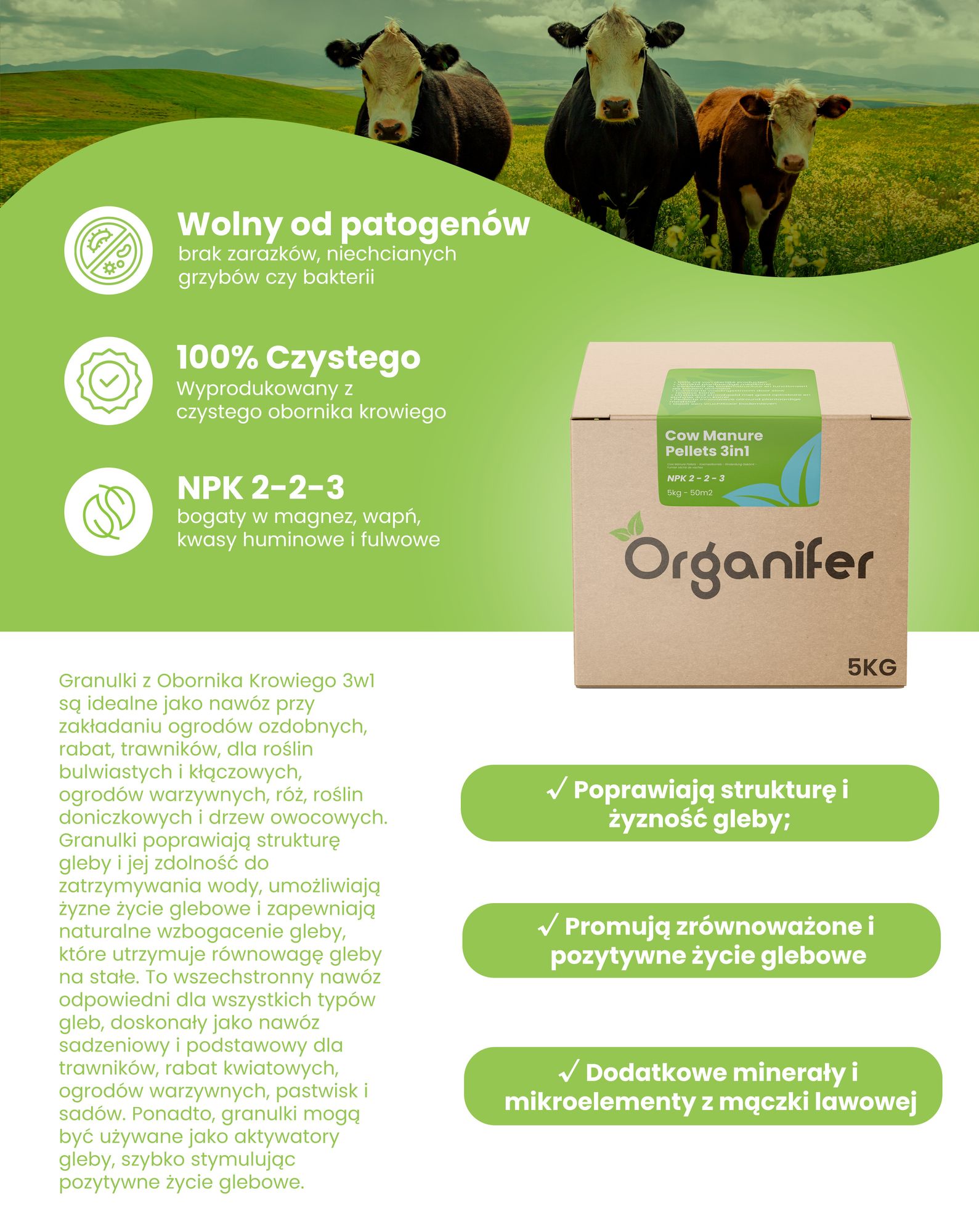 Granulki z Obornika Krowiego 3w1 (20 kg – na 200 m2) - Organifer