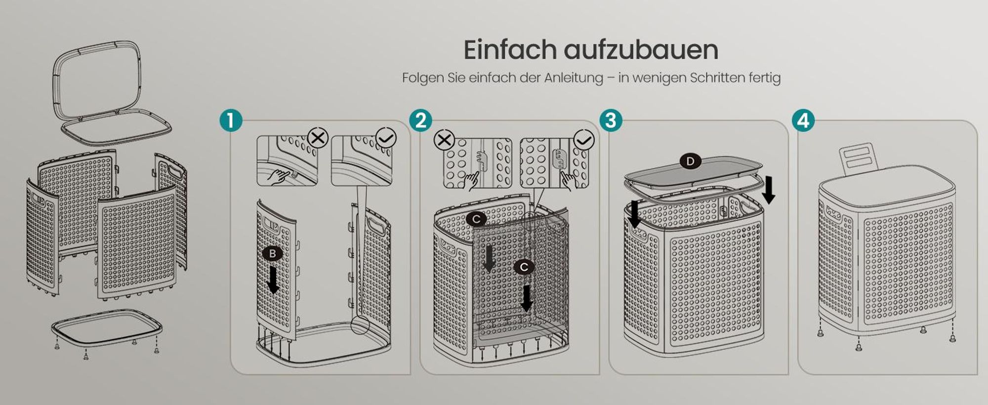 SONGMICS Wäschekorb Plastik, 75 L Wäschesammler, Wäschebox mit Deckel, schmale Wäschetonne für Bad, Waschküche, weiß-grau