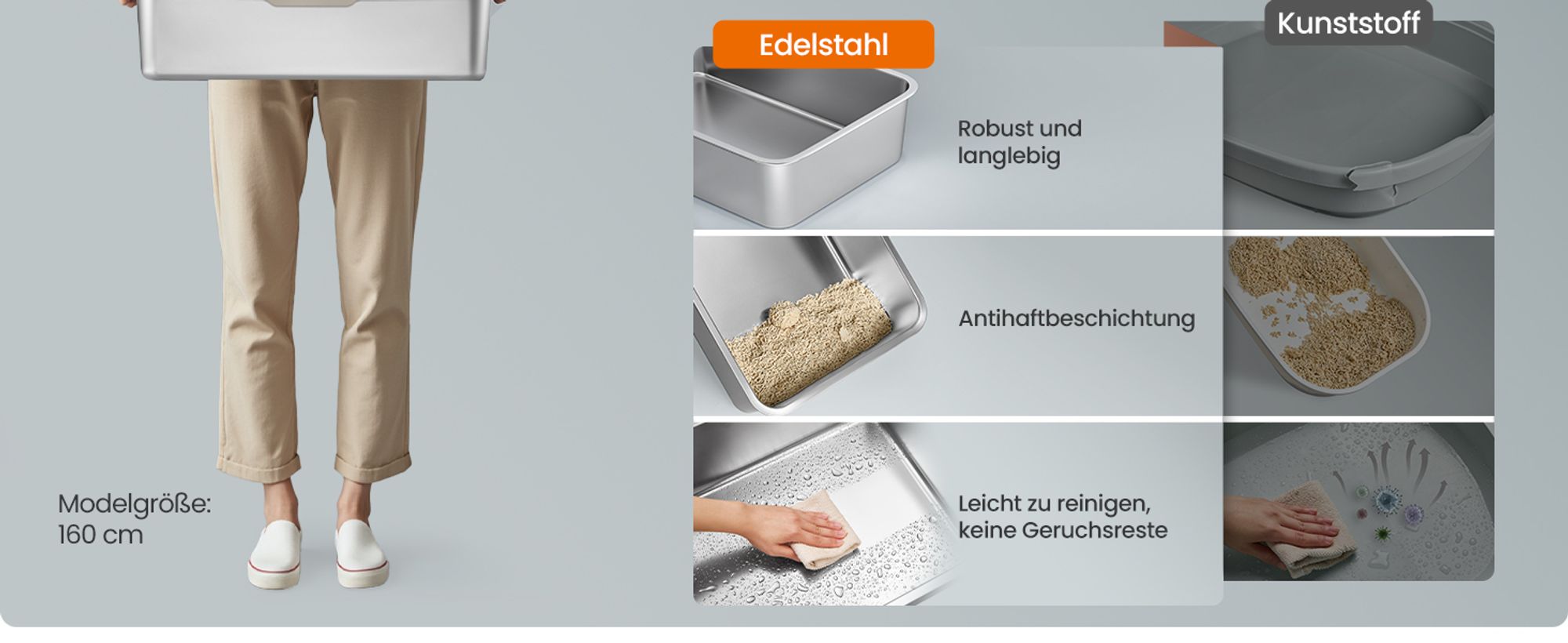 Feandrea Edelstahl Katzenklo, XL, Katzentoilette mit Deckel, mit Schaufel, Bürste und 2 Eingängen, für Katzen bis 15 kg, cappuccinobeige