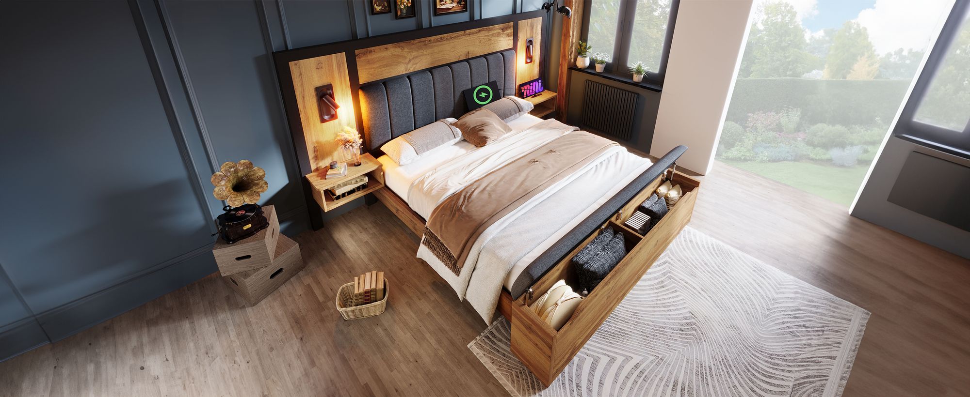 MODFU Doppelbett Holzbett 180×200cm mit Gepolstertes Kopfteil, Bettanlage mit Leselampe und USB C Nachttisch und Sitzbank mit Stauraum, Bettgestell mit Lattenrost, Eiche(Ohne Matratze)