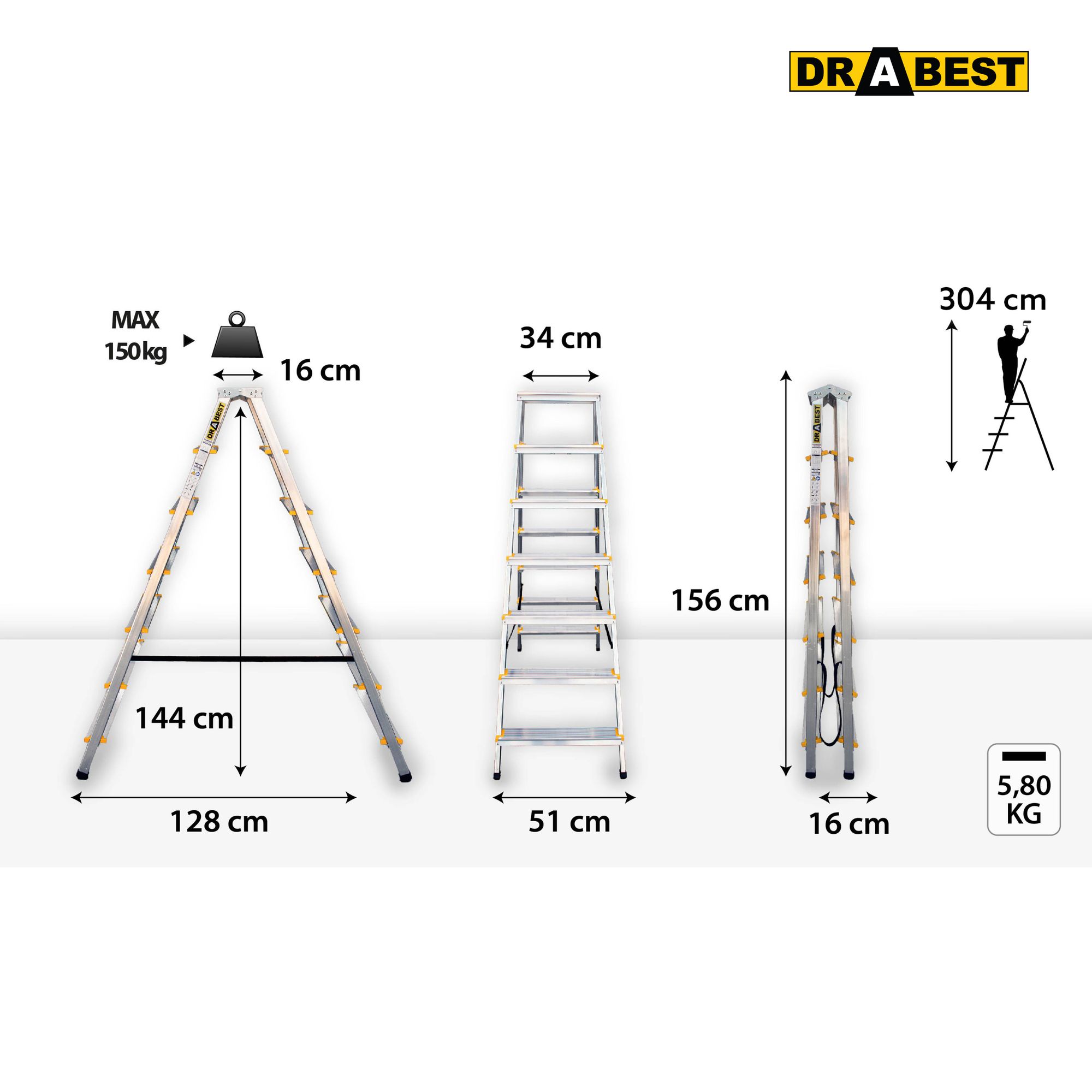 Klappleiter - 7 Stufen, Technische Daten, DRABEST, Leiter