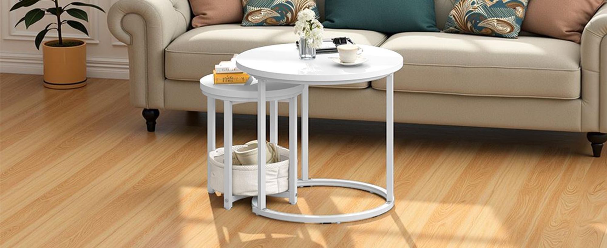 2 tlg. Couchtisch Rund, Nisttisch 2er set Beistelltisch Wohnzimmertisch, 60 cm + 38 cm, Weiß