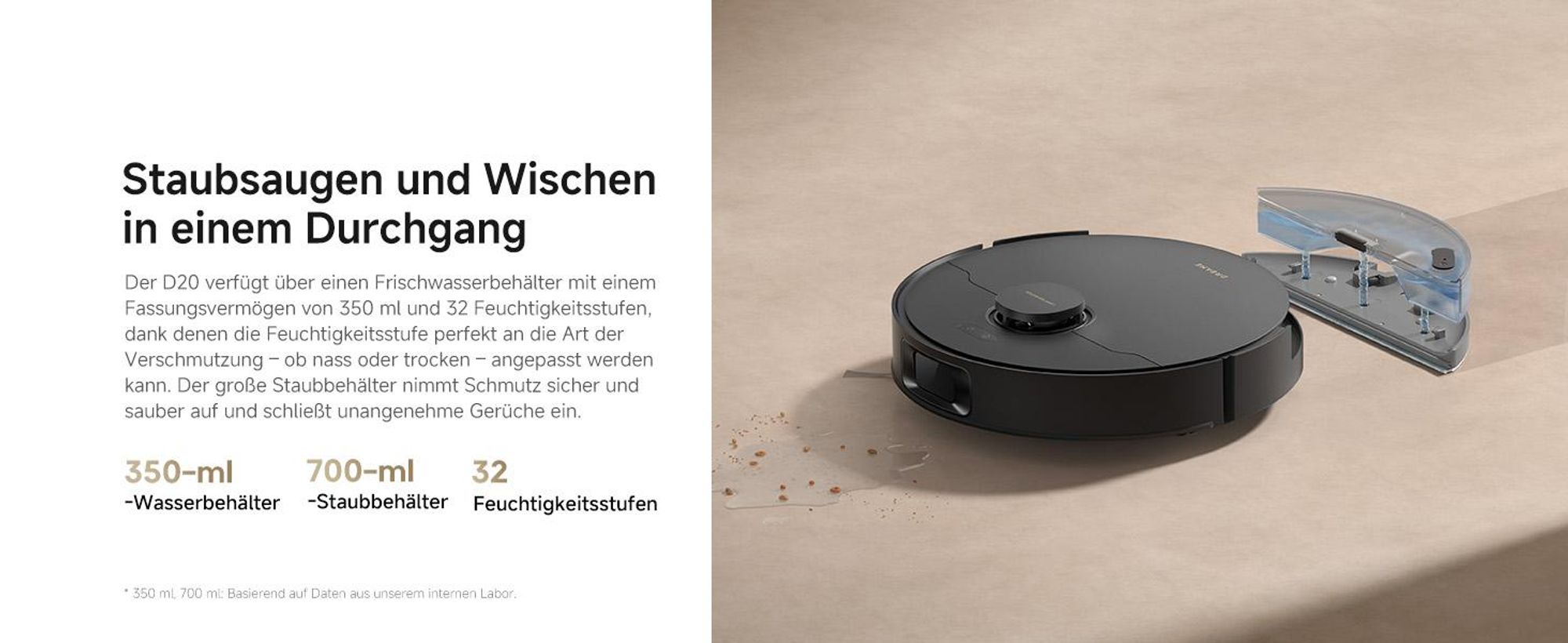 Dreame D20 Roboter Staubsauger mit Wischfunktion,13KPa Saugleistung,LDS-Navigation,2in1,Hartböden&Teppiche,5200mAh,Tierhaare DuoRoller Bürste,Schwarz