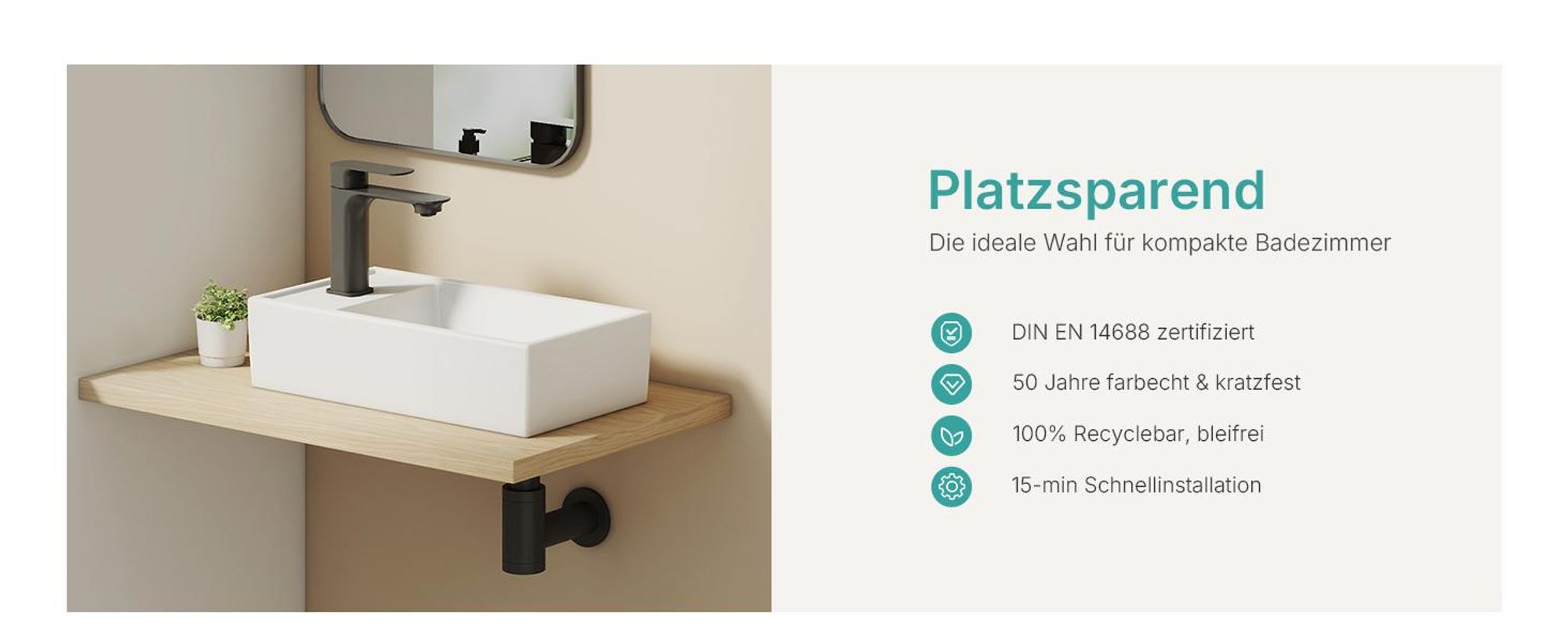 EMKE Aufsatzwaschbecken Keramik Rechteckig 410x220mm Weiß Glänzend mit Armaturloch, Modernes Design für Badezimmer & Gäste-WC