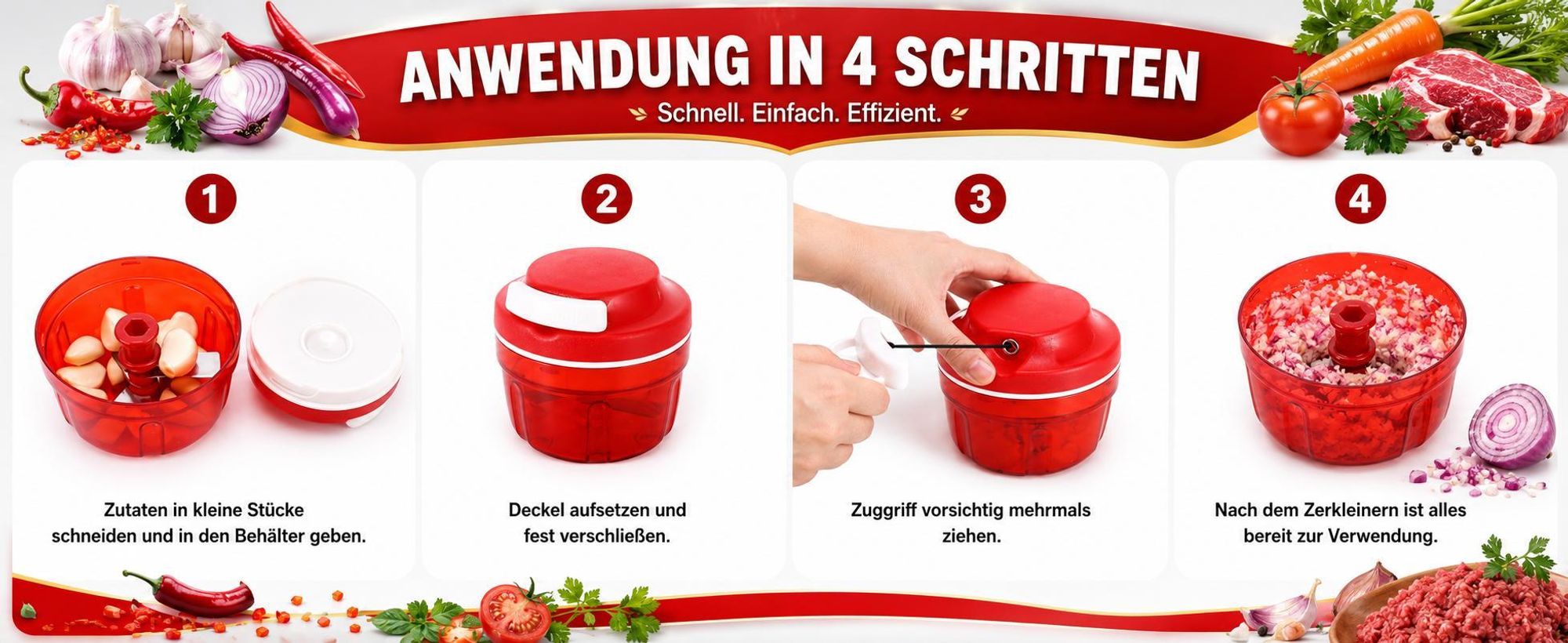 Gemüseschneider Zwiebelhacker, 300ML Manueller Lebensmittelzerkleinerer, Haushalt Kordelzug Design Zerkleinerer Fleischmixer Küche Kochen Zubehör rot