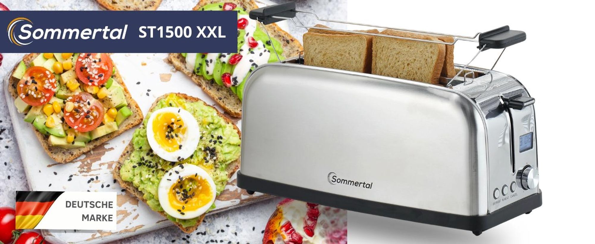 Sommertal Toaster ST1500 XXL, 4 Scheiben mit Brötchenaufsatz, Display mit Timer und Restlaufanzeige, Langschlitztoaster Restlaufzeit, Retro Design Langschlitz Edelstahl 1500W