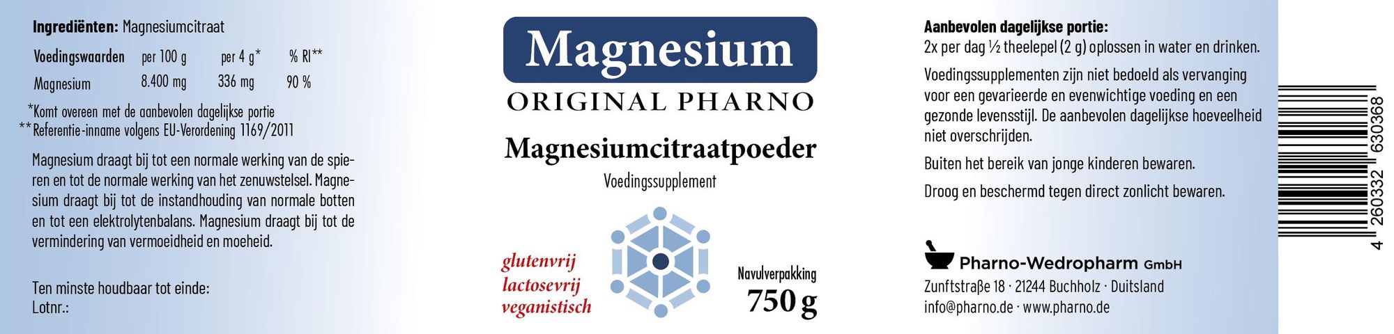Original Pharno Magnesiumpoeder 750 g – puur magnesiumcitraat