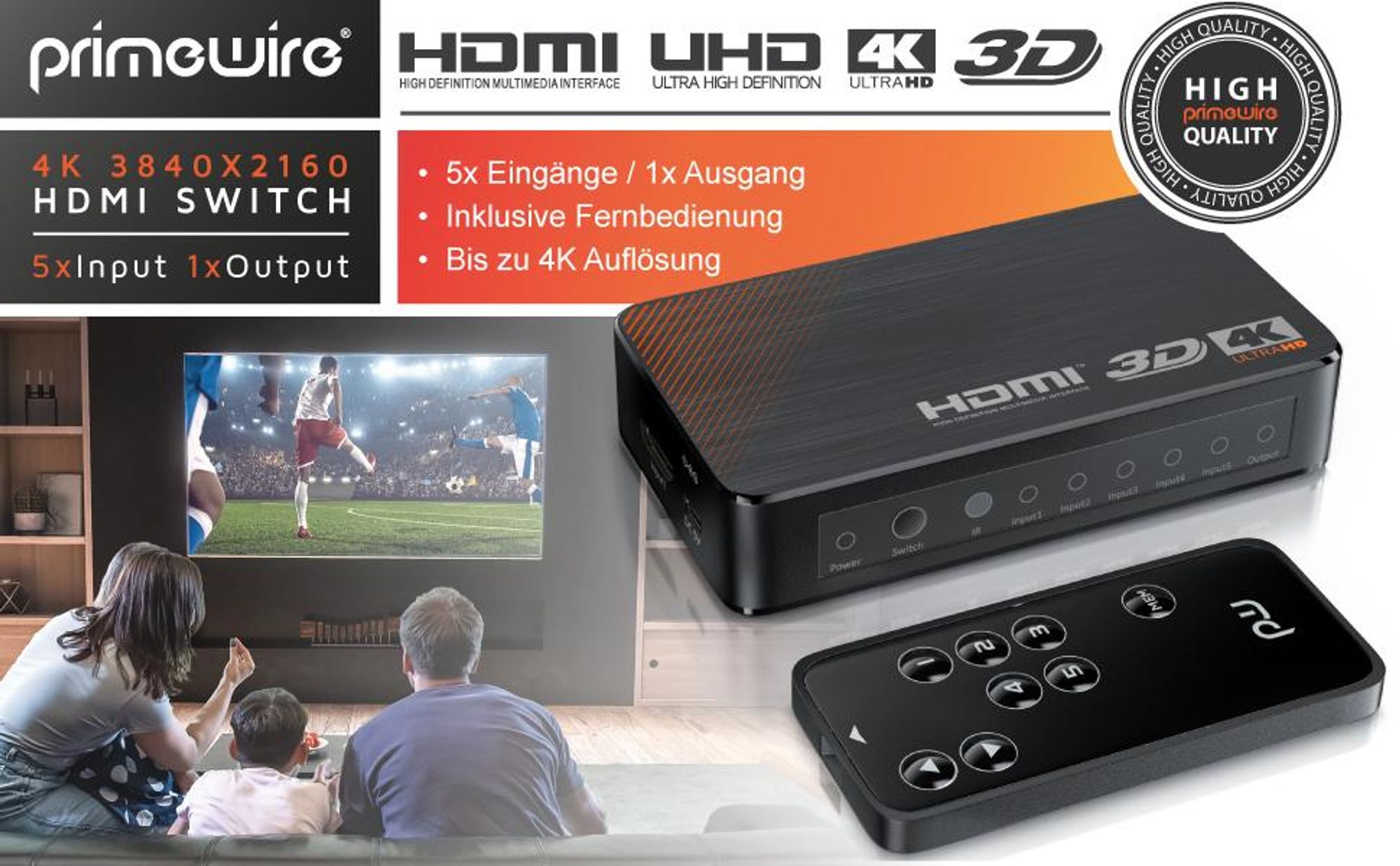 Primewire 4K HDMI Switch 5 Eingänge, Fernbedienung und Funktionen
