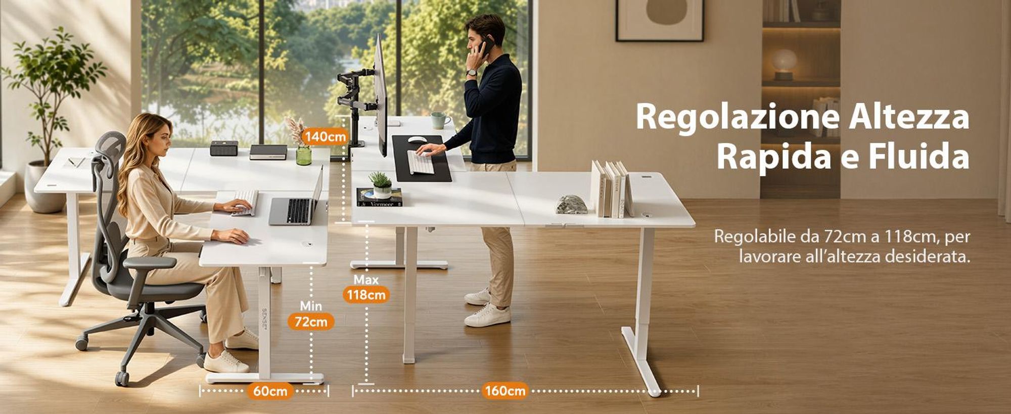 SENSE7 NOJO Scrivania angolare regolabile in altezza, modello Light Corner, con sistema elettrico, dimensioni 160x140, forma a L, scrivania regolabile in altezza, doppio motore, struttura con memoria, colore bianco, scrivania per computer