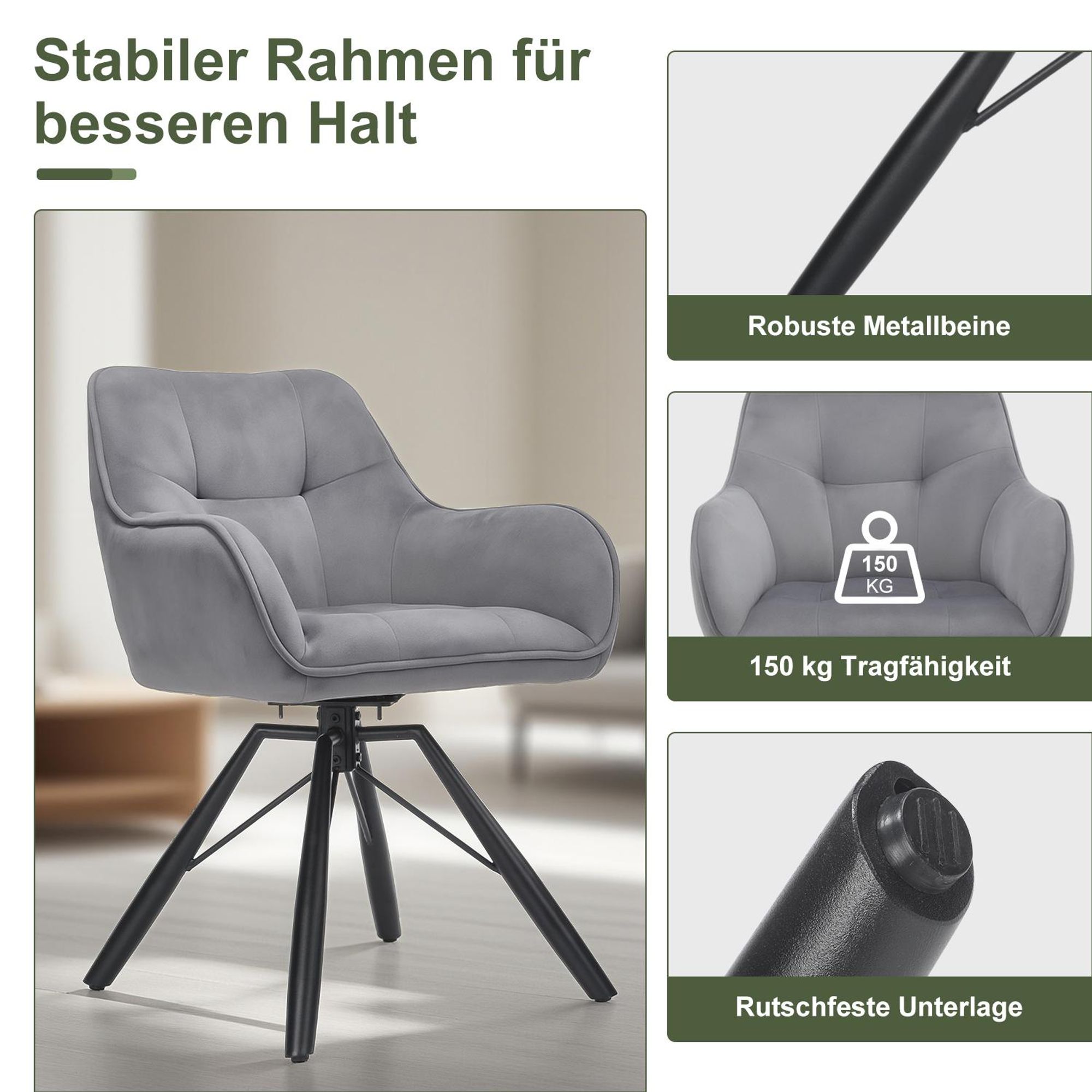 OYAJIA 2er Set Polsterstuhl Esszimmerstühle drehbar mit Armlehnen ,360 Grad Drehfunktion mit Hohen Armlehnen , Samtpolsterung,Metallgestell bis 150kg