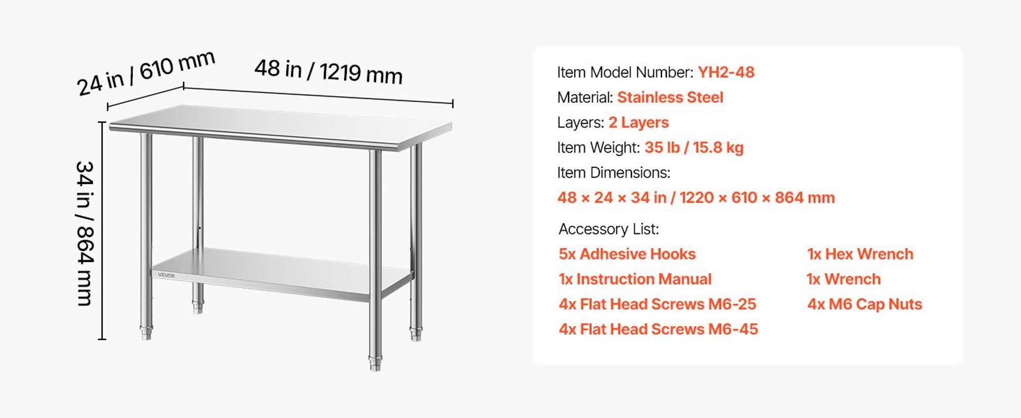 VEVOR Edelstahl Vorbereitungs Tisch, 24 x 24 x 34 Zoll, Schwerlast Metall Arbeitstisch mit 3 verstellbaren Höhenstufen, Gewerbliche Arbeitsstation für Küche Garage Restaurant Garten