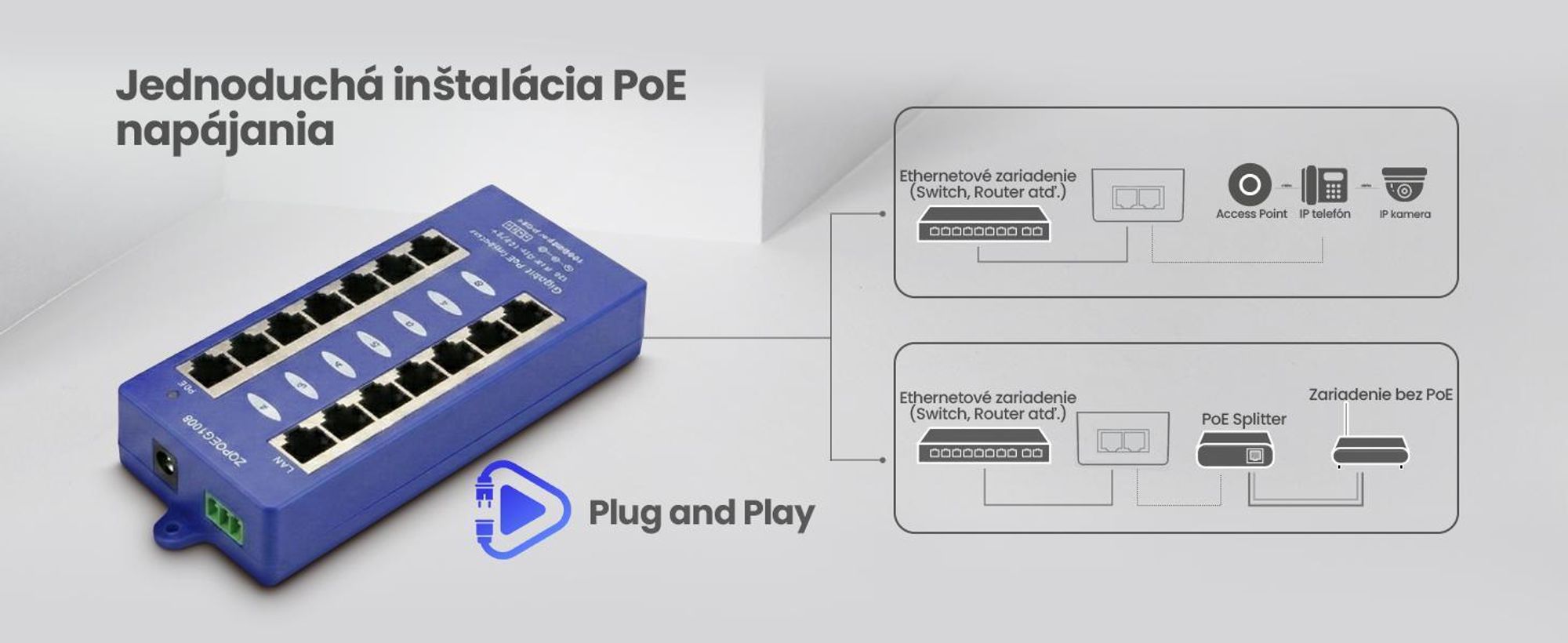Extralink Gigabit PoE injektor 4 porty – 4x RJ45 1000 Mb/s, PoE adaptér pre IP kamery a LAN zariadenia