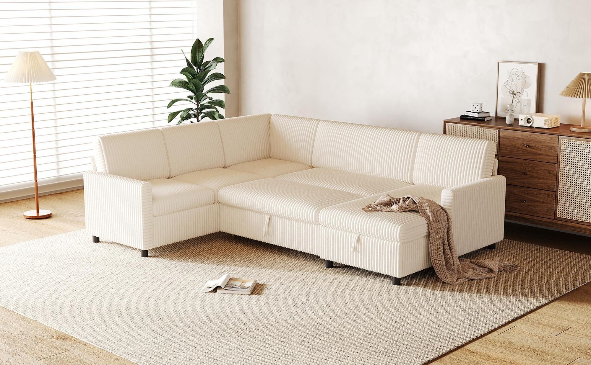 Merax 5 Sitzer U Form Schlafsofa Mit Schlaffunktion, Ausziehbares Ecksofa Mit Stauraum, Wohnlandschaft Mit Chaiselongue, Cord Soffa, Couch, Beige