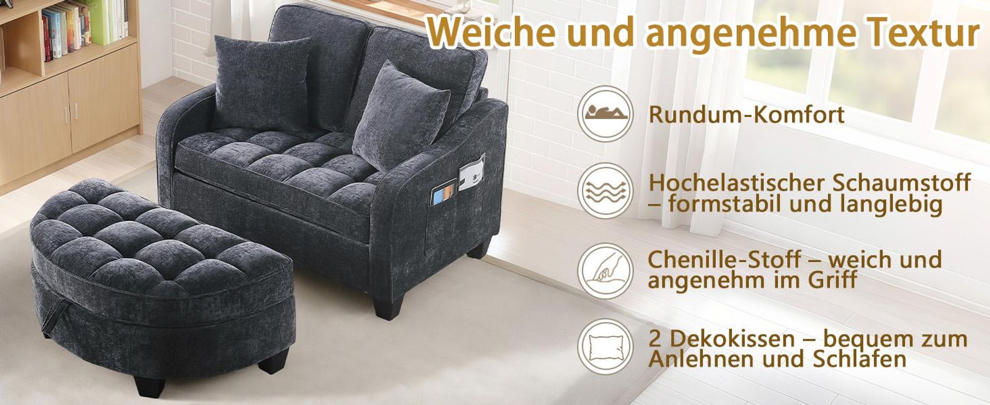 MODFU Multifunktionales Sofa Schlafsofa mit Aufbewahrungs-Hocker,Relaxsofa mit rutschfeste Kunststoffbeine,Schwarz