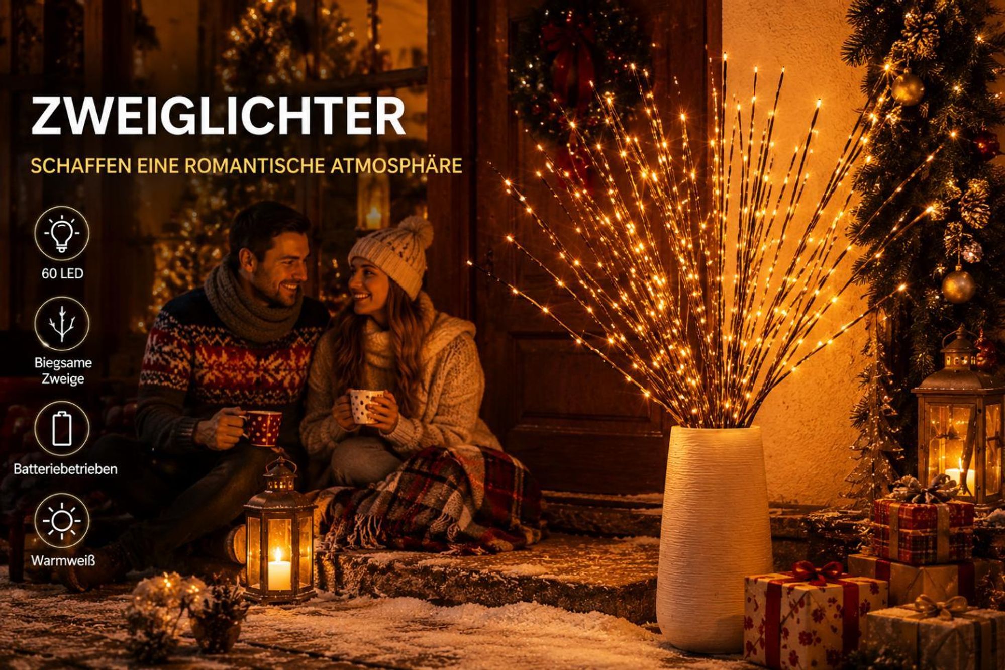 3er Set LED Weihnachtsdeko, Lichtzweige Warmweiß Batteriebetrieben, Dekolicht für Wohnzimmer Schlafzimmer, Tischdeko Vase Party Weihnachtsbeleuchtung