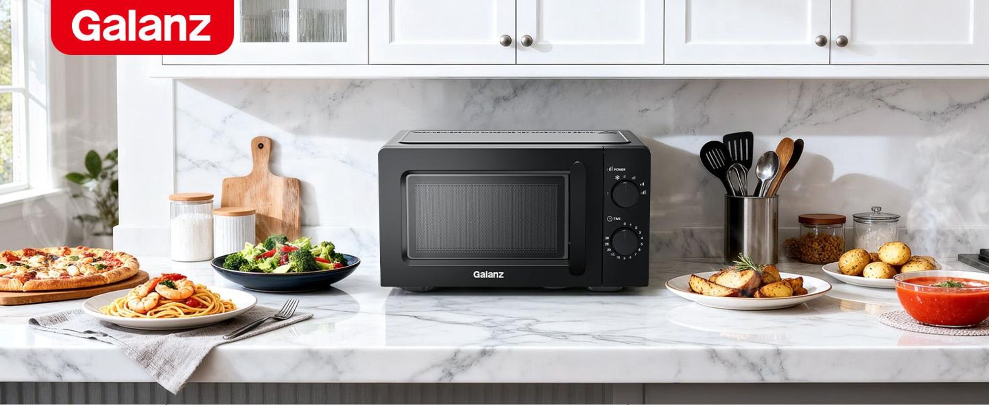 Galanz Mikrowelle 20L Schwarz 700W mit Auftaufunktion, 6 Leistungsstufen und Glasdrehteller