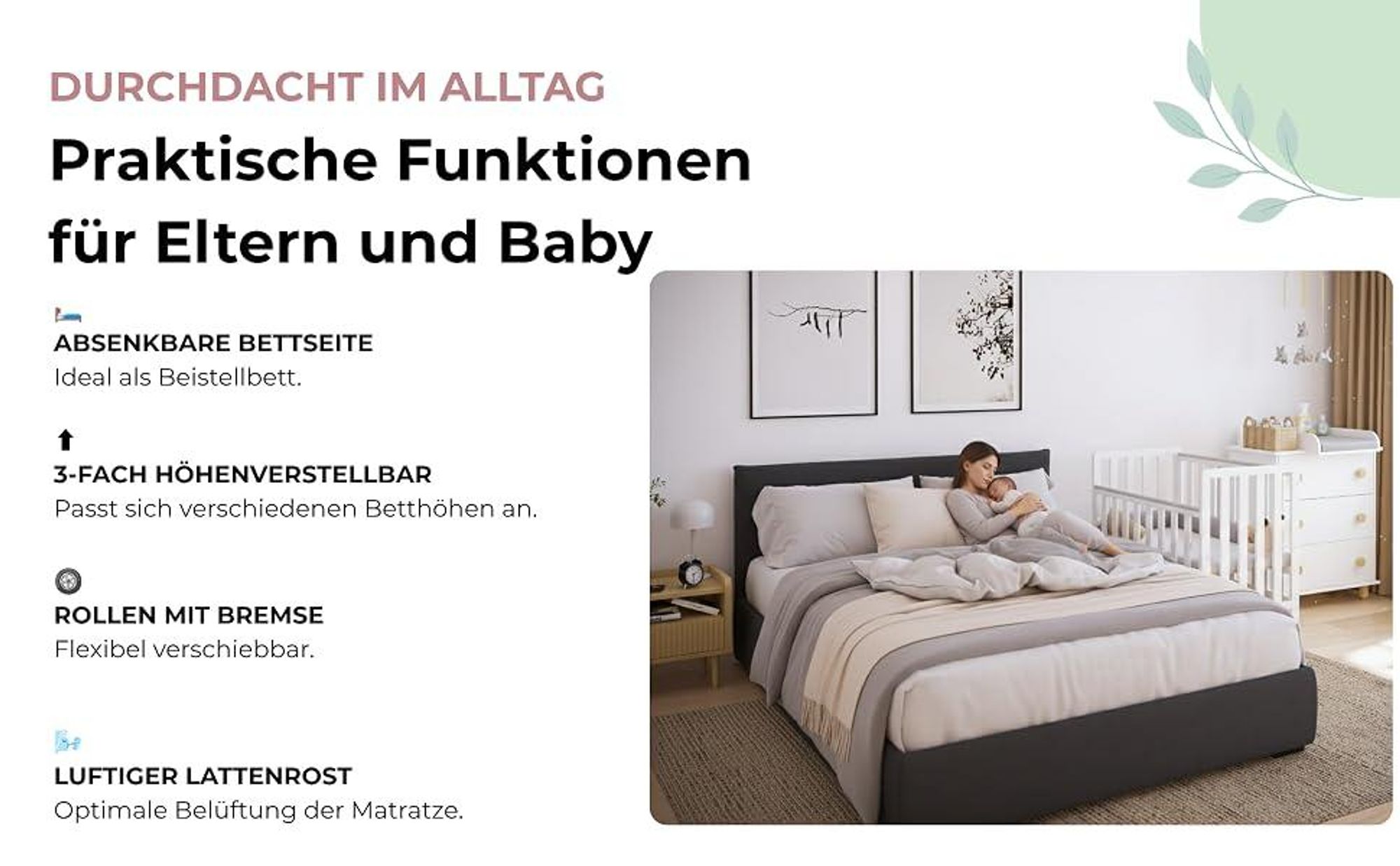 ZEE BAMBI Weiß Beistellbett Baby mit Rollen 100x50 cm Tragbar Babybett Verstellbarer Stubenwagen Kinder Bett 3-fach Höhenverstellbar
