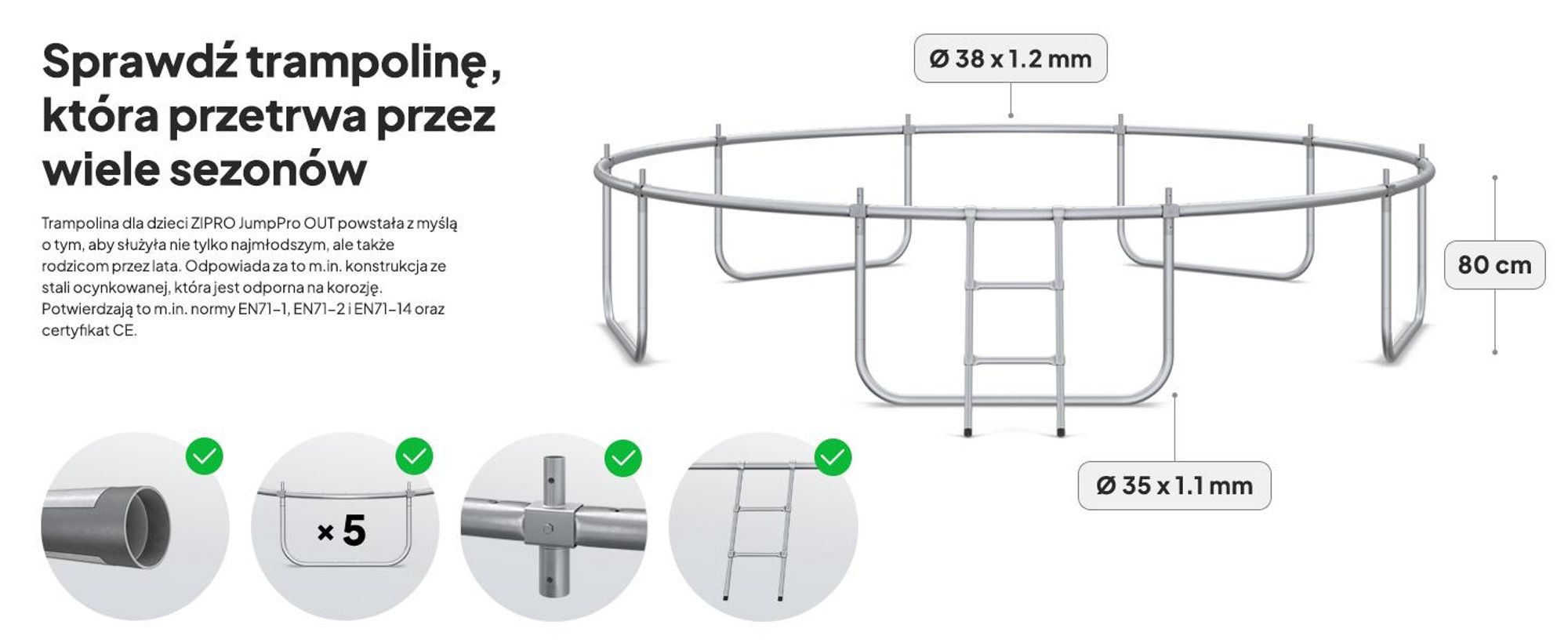 Trampolina ZIPRO Jump Pro Premium | 12FT Ø 374 cm | Trampolina ogrodowa Trampolina dla dzieci Kompletny zestaw z siatką, drabinką i osłoną krawędzi, do użytku na zewnątrz, zielona