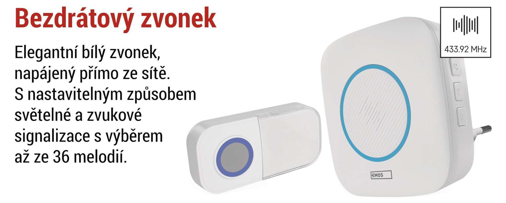 EMOS zvonek / sada s vodotěsným tlačítkem, 36 melodií, barevná signalizace, dosah 150 m, 90 dB, napájení do zásuvky/bateriové, bílý, P5737
