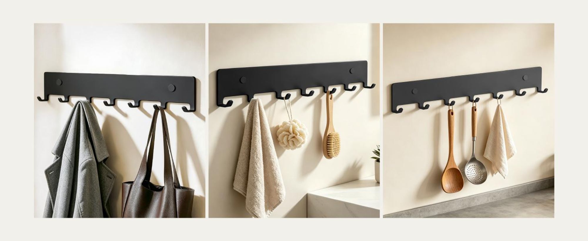 doporro Garderobenleiste mit 7 Haken, Wandgarderobe mit Garderobenhaken, Wandhaken, für Flur, Bad und Küche, Schwarz, Stalo-17