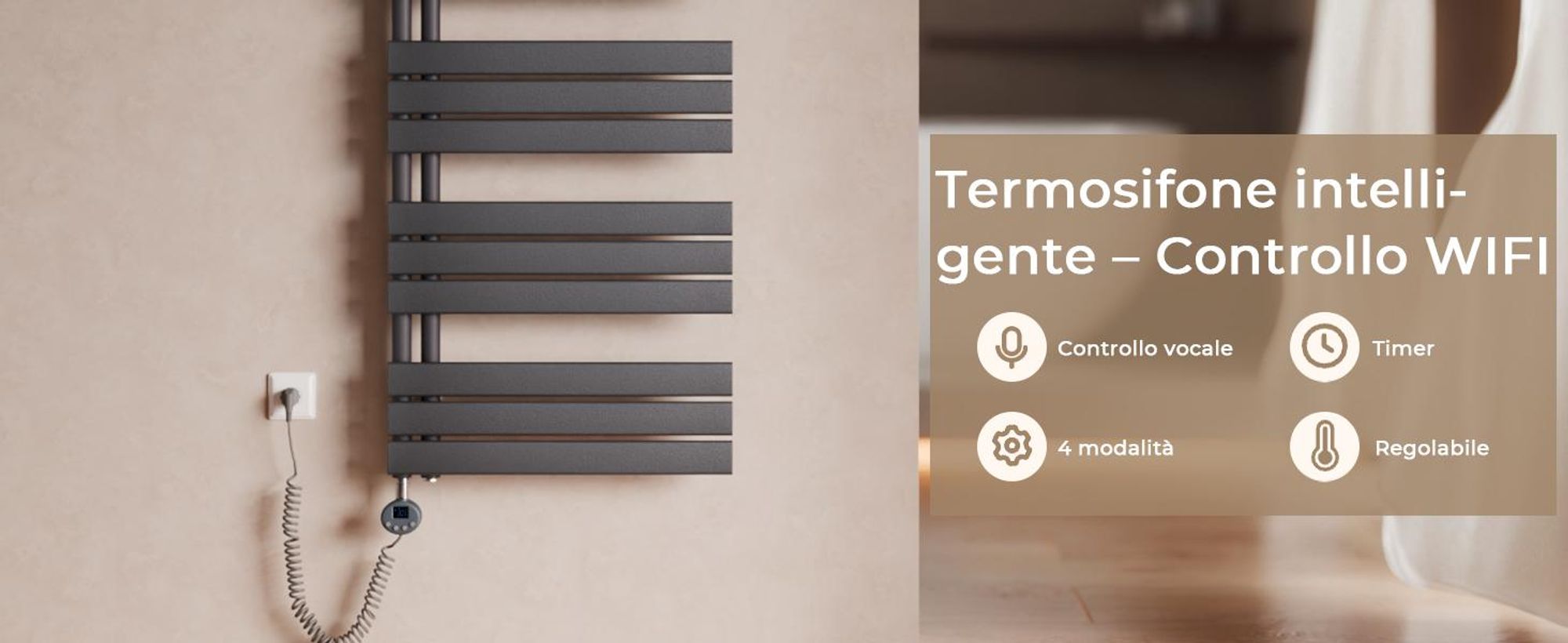 S'AFIELINA Radiatore elettrico per asciugamani 1041×400 mm, Radiatore elettrico per bagno con termostato, WiFi, timer programmabile, display LCD, 400 W, antracite