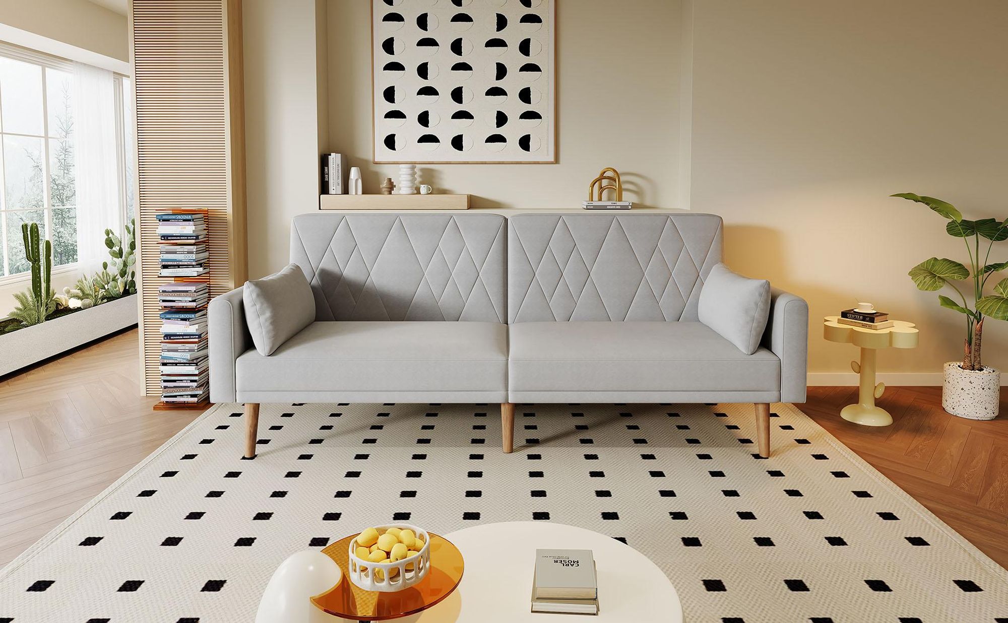 Merax Schlafsofa, Zweisitzer Sofa mit Schlaffunktion, verstellbare Rückenlehne & Armlehnen, 2 Kissen, Couch, Bettsofa, Wohnzimmersofa, Samt, Grau