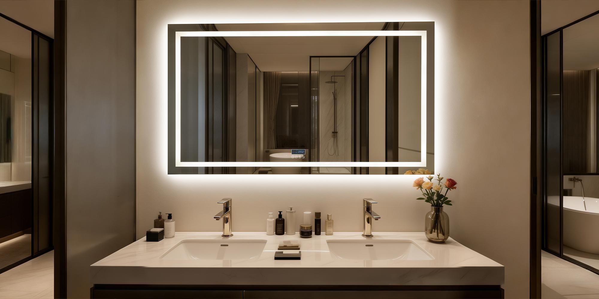 WISFOR LED Bluetooth Badezimmerspiegel-mit-Beleuchtung 120 x 70 cm Wandspiegel mit Uhr Speicherfunktion Anti-Beschlag 3 Lichtfarben