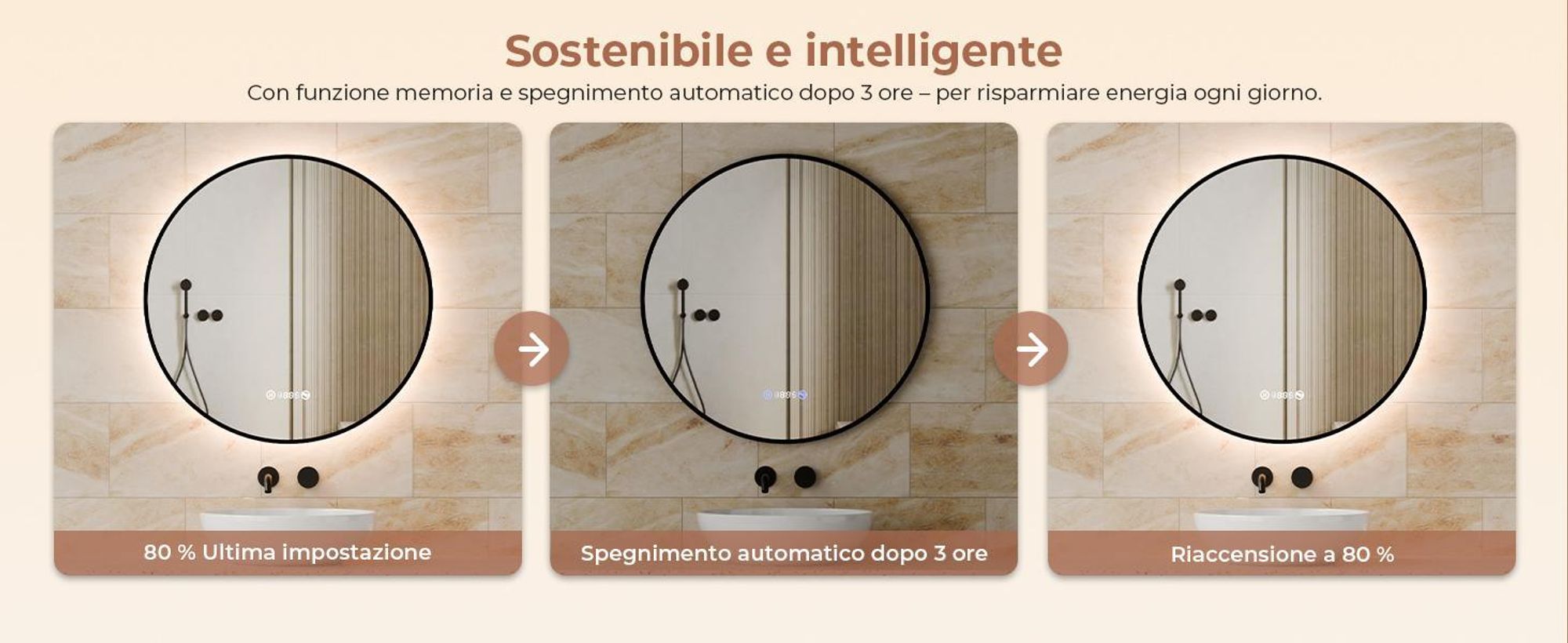 S'AFIELINA Specchio da bagno LED Rotondo 80cm, touch, antiappannamento, dimmerabile, orologio, temperatura, memoria, Nero