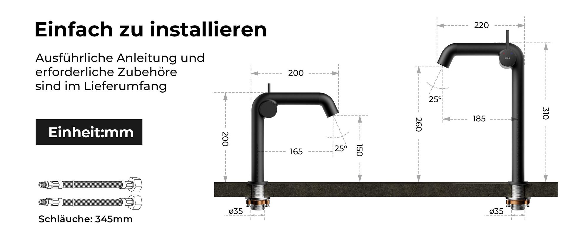EMKE Einhebel-Waschtischarmatur, Badarmaturen 222x200x76mm  G3/9", Wassersparend, Korrosionsschutz, Bleifreies Messing, Mattes Schwarz