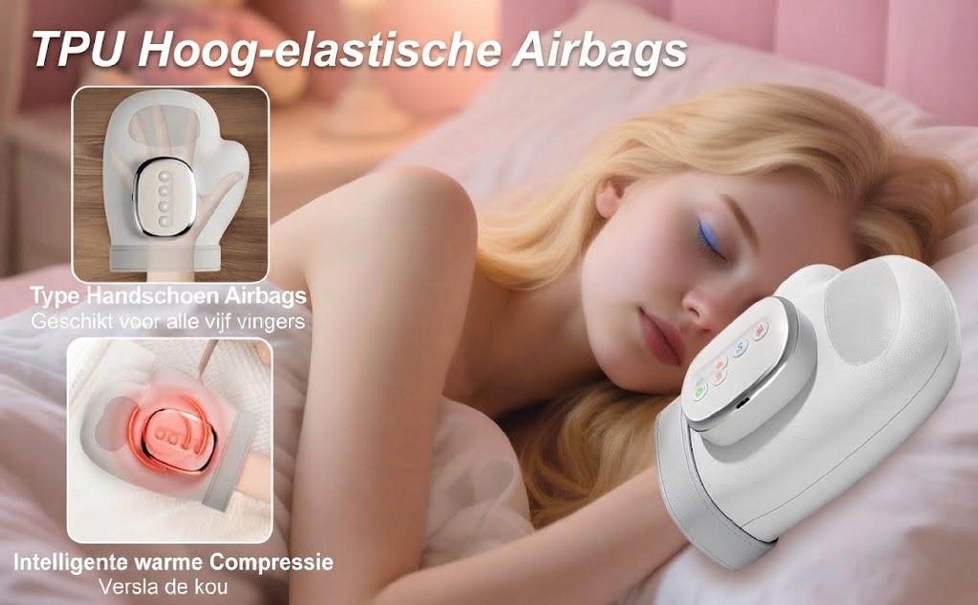Intelligente handmassageapparaat met warmte- en compressiefunctie. 3 massageprogramma's, 4 temperatuurinstellingen, 5 compressiemodi. Therapeutisch