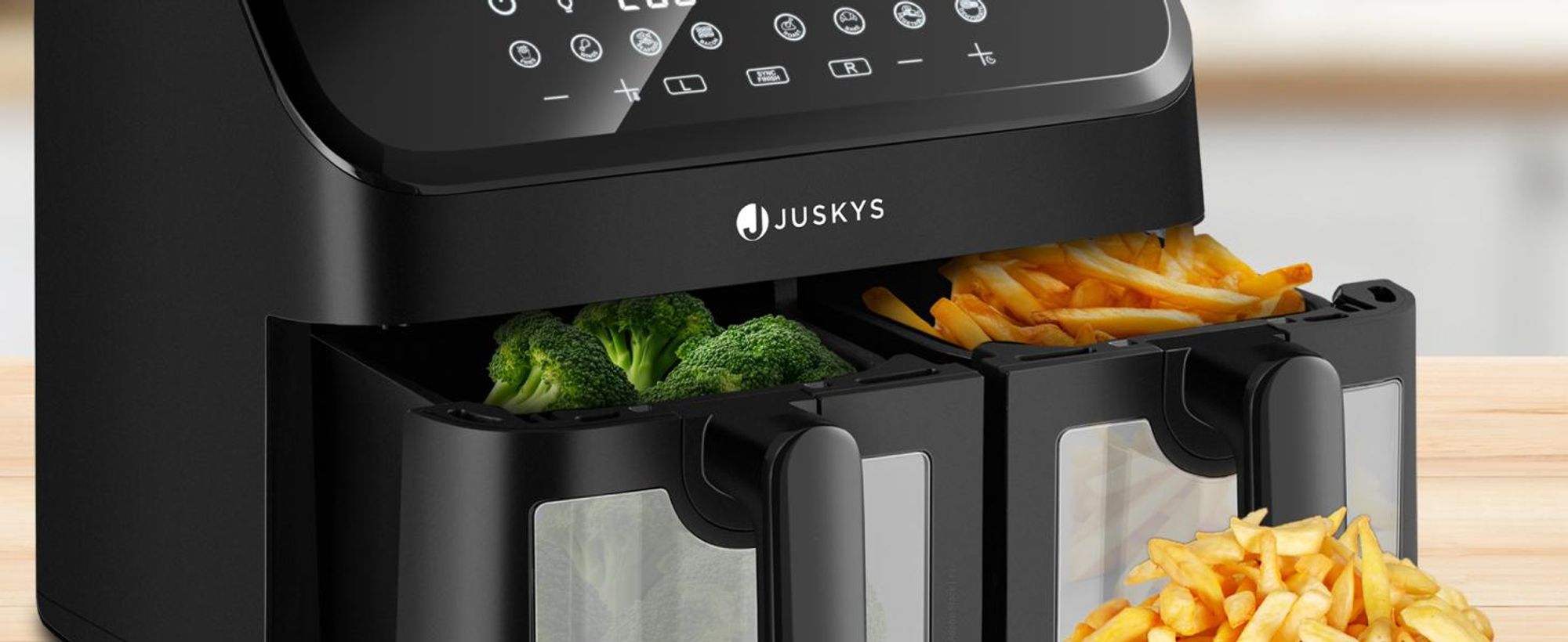 Juskys Heißluftfritteuse 9 L - 2 Kammern, Smart Finish, 9 Programme, Friteuse
