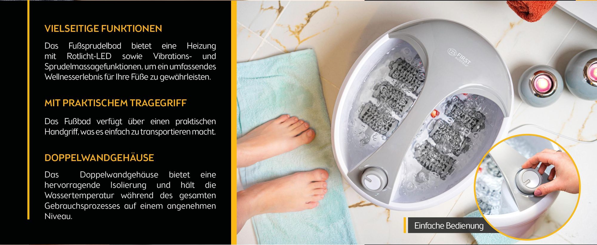 TZS First Austria - Fußsprudelbad 450W - 3 Programme & 6 Massagerollen - Infrarot- und Heizfunktion