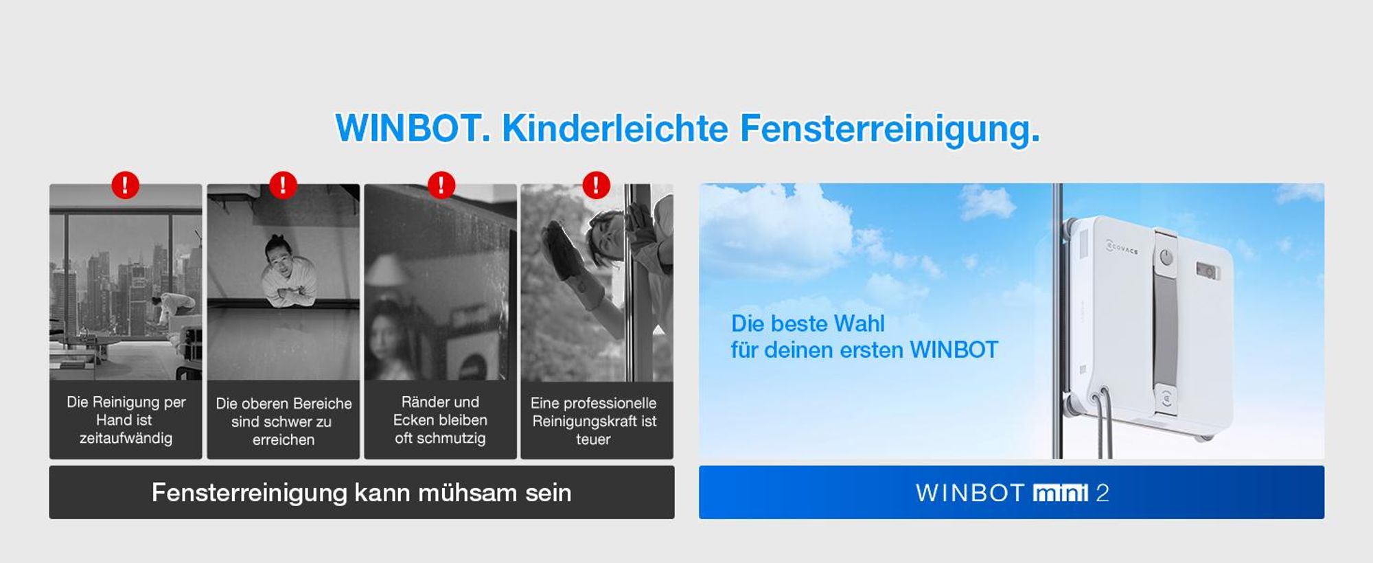 ECOVACS WINBOT Mini 2 Fensterputzroboter mit 1L Original Fensterreinigungsflüssigkeit, Smarte Navigation, 6 App-Modi, 10-Stufiges Sicherheitssystem