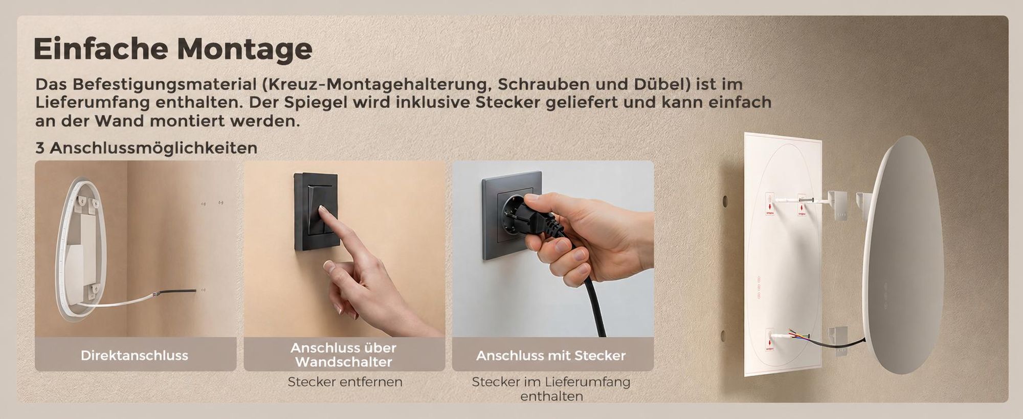 AJIE Studio FORMA LED-Badspiegel, Asymmetrisch, 75 x 55 cm, 3 Lichtfarben, dimmbar, Touch-Steuerung, Antibeschlag, Memory-Funktion, mit EU-Stecker