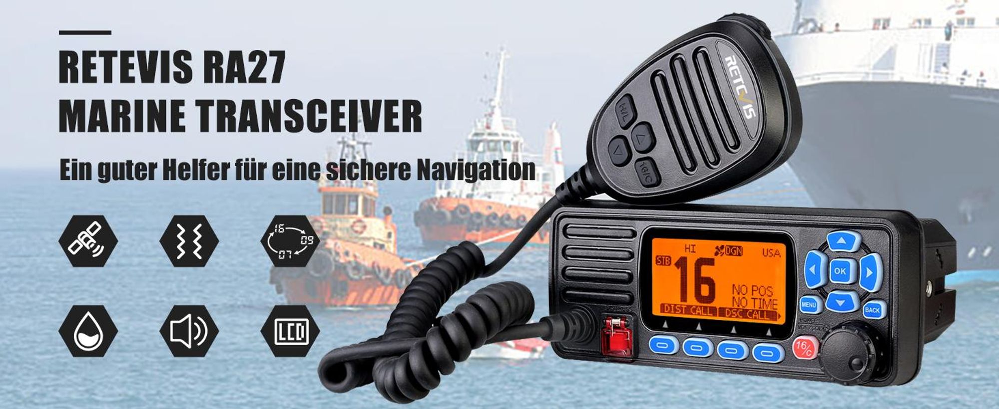 Retevis RA27 Marine Transceiver, IP67 Wasserdicht Wasserdichtes Handfunkgerät, Klasse D DSC, Seefunkgerät mit GPS, 88 Kanäle, Professionelle Marine Funkgerät (1 Stück, Schwarz)