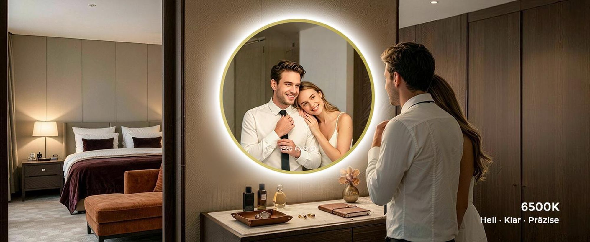 S'AFIELINA LED Badezimmerspiegel Rund Ø70 cm, Goldener Rahmen, 3 Lichtfarben, stufenlos dimmbar, Antibeschlag, Uhr & Temperaturanzeige, Memory