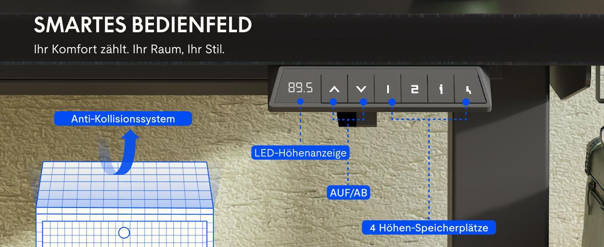 FLEXISPOT EN1 Höhenverstellbarer Schreibtisch 140x80cm 100 kg Tragkraft, mit Anti-Kollisionsschutz,  Einteilige Tischplatte 4 Memory-Funktion(Schwarz)