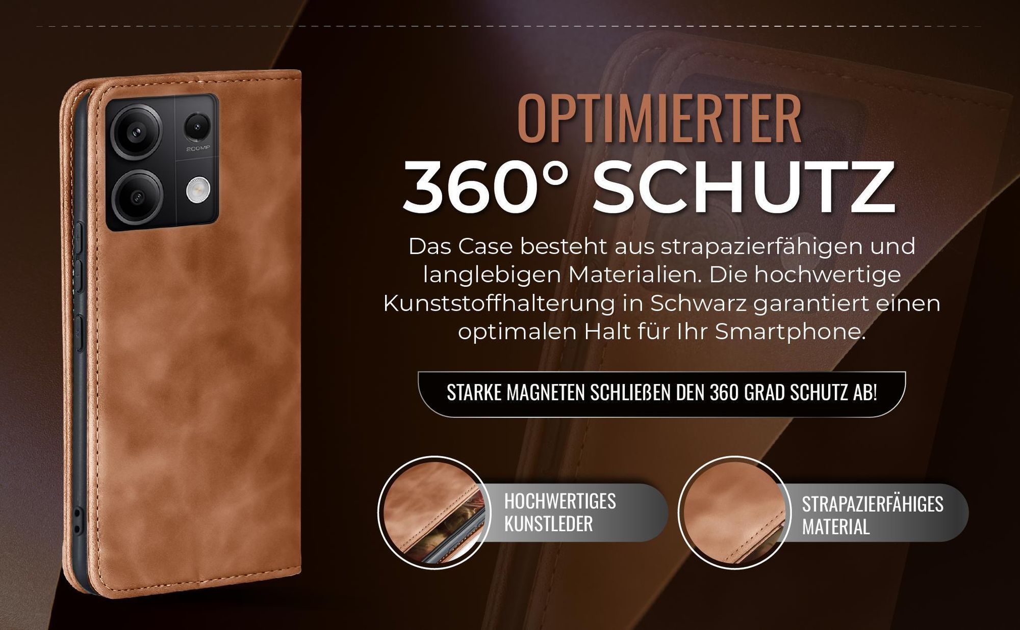 Hellbraune Handyhülle für Xiaomi Redmi Note 13 Pro 5G mit 360 Grad Schutz