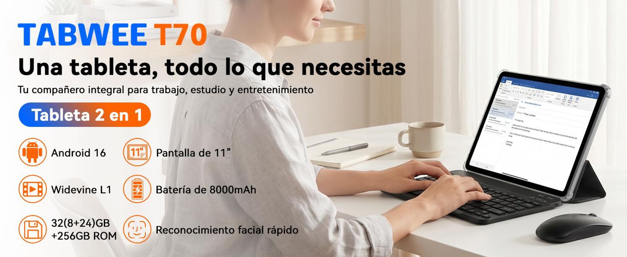 TABWEE T70 11" Tablet, 32(8+24)+256GB, Android 16, 8000mAh, BT5.0, Face ID, Widevine L1, Rheinland, Incluye teclado, ratón, lápiz óptico, etc