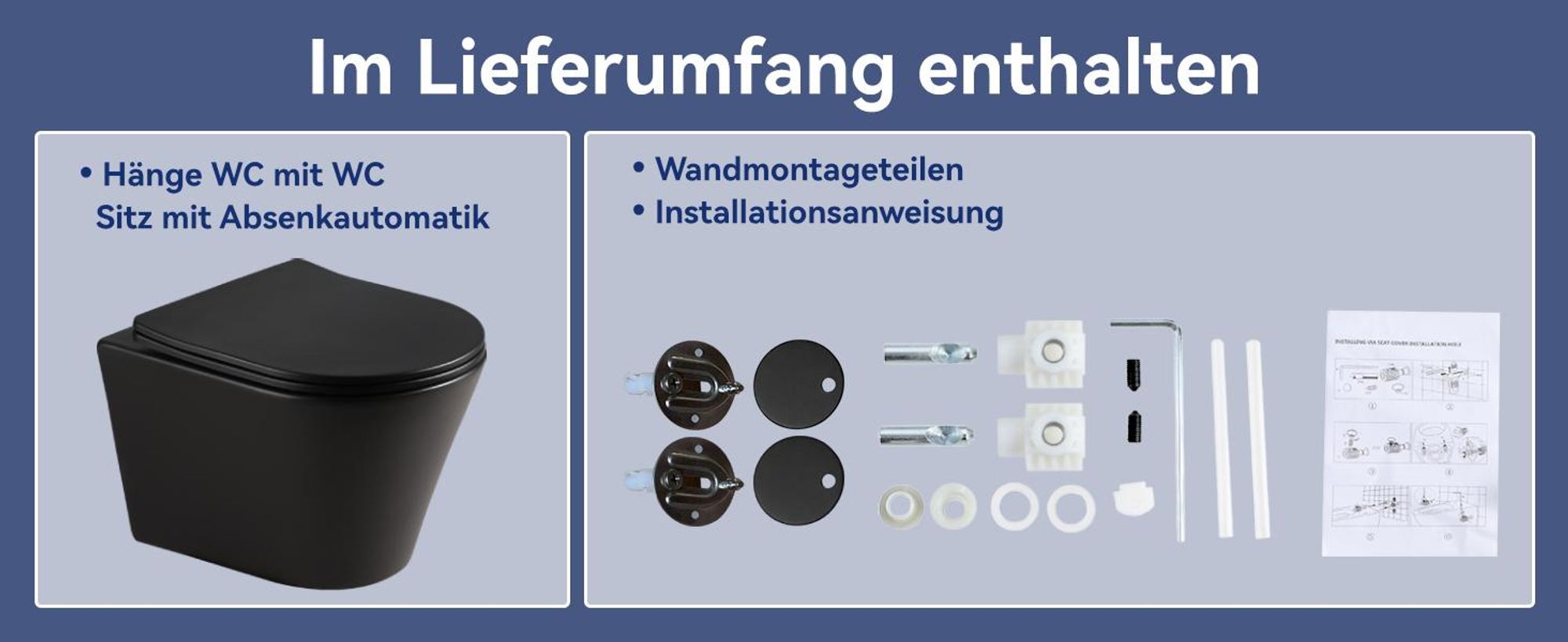 HOROW Matzwart wandtoilet met softclose-mechanisme, spoeling met superspin-technologie, keramische toiletpot met nanocoating 48,5 x 35,5 x 35,5 cm