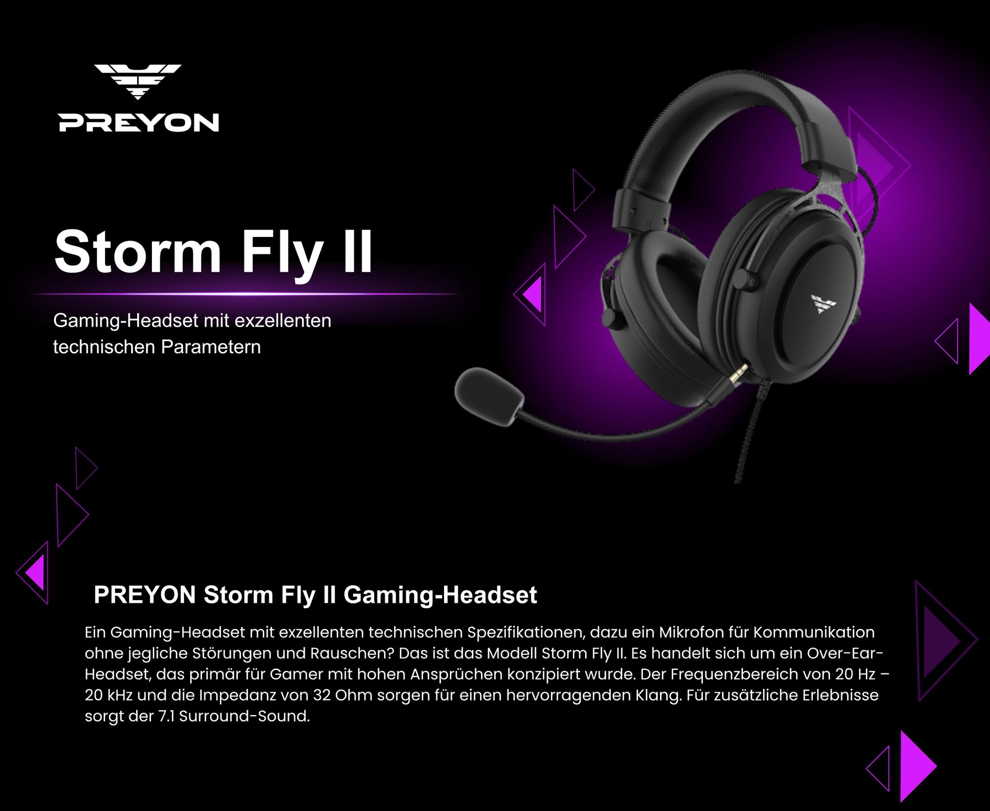 PREYON Storm Fly II 7.1 Surround Sound Gaming Headset, Kabelgebundene Over-Ear PC Kopfhörer mit Mikrofon, USB Soundkarte, Memory-Schaumstoff Schwarz