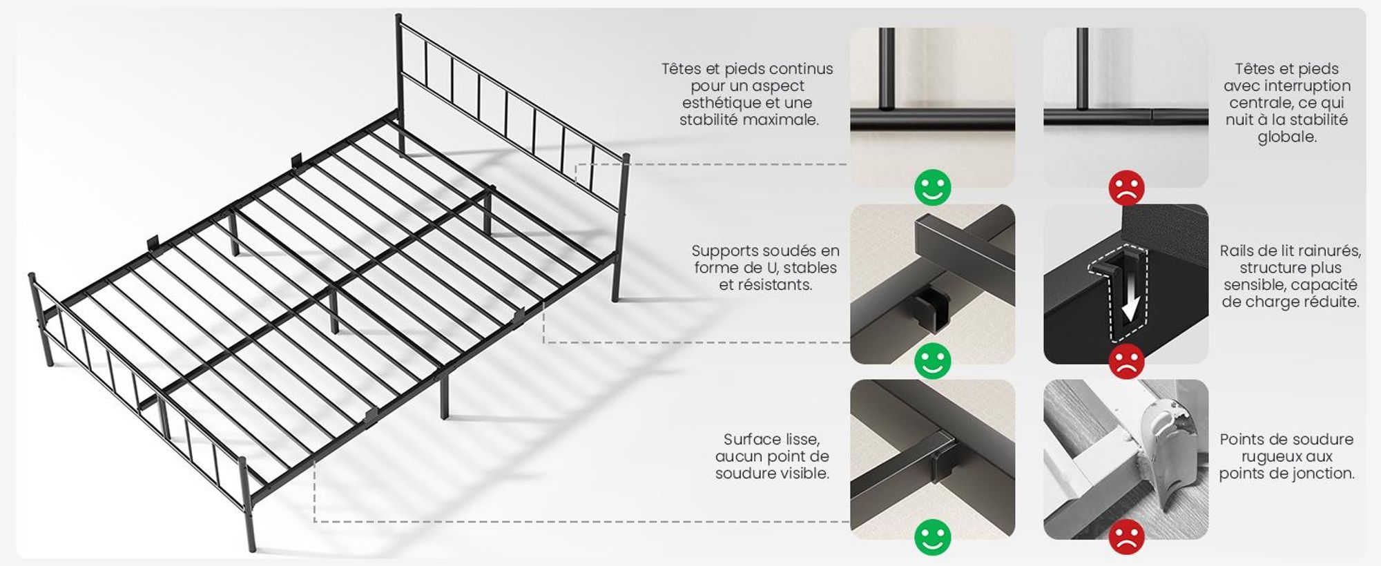Lit 140 x 200 cm, sommier métallique avec tête de lit, cadre de lit de 36 cm de hauteur avec 32 cm d'espace de rangement, 14 lattes métalliques, silencieux, noir