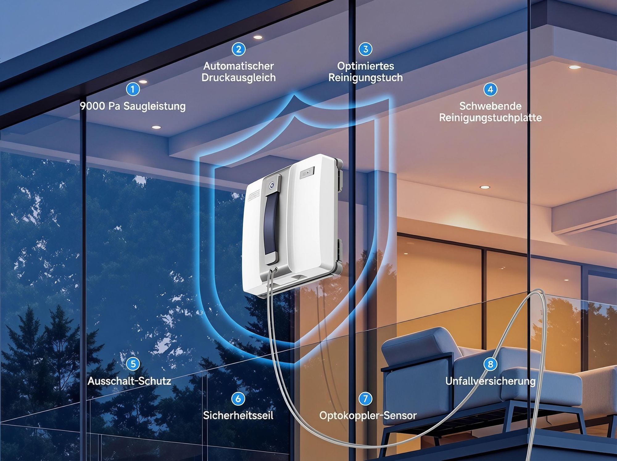 Lubluelu CHYW200 Smart Fensterputzroboter, Fensterroboter mit Dual-Sprüher, 9000Pa Saugkraft, Automatische Reinigung, Fernbedienung & Sicherheitsseil