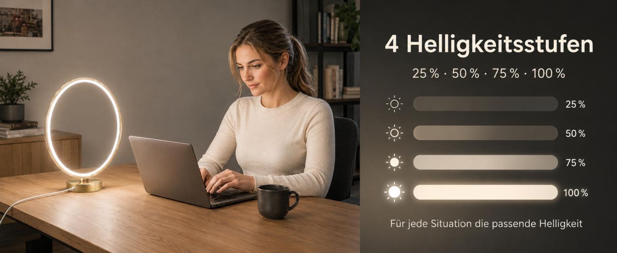 LED Tageslichtlampe 10.000 Lux, UV-frei, Touch & Fernbedienung, 3 Lichtfarben, 4 Dimmstufen, Timer, Memory-Funktion, USB-Ladefunktion, SAD-Lampe, Gold