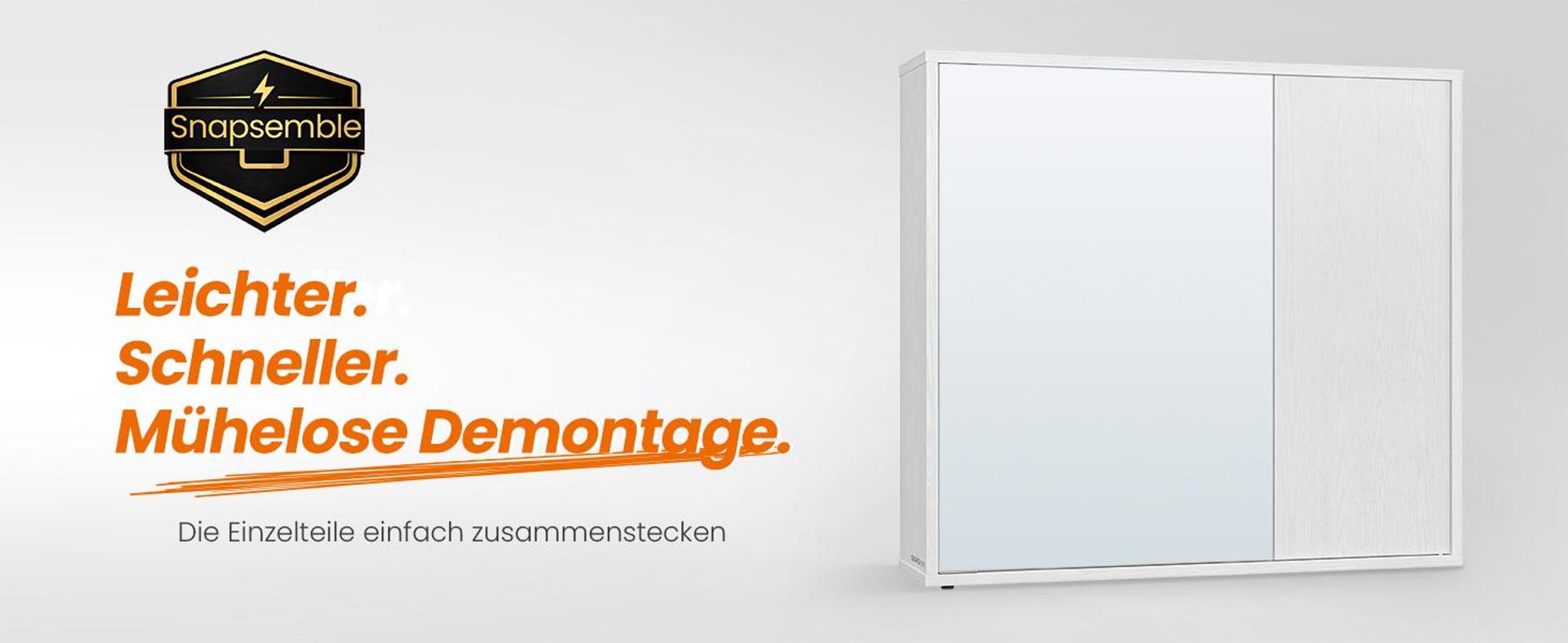 Badezimmerschrank mit Spiegel, Toolless-Technologie, superschnelle werkzeuglose Montage, Spiegelschrank, modern, weiß