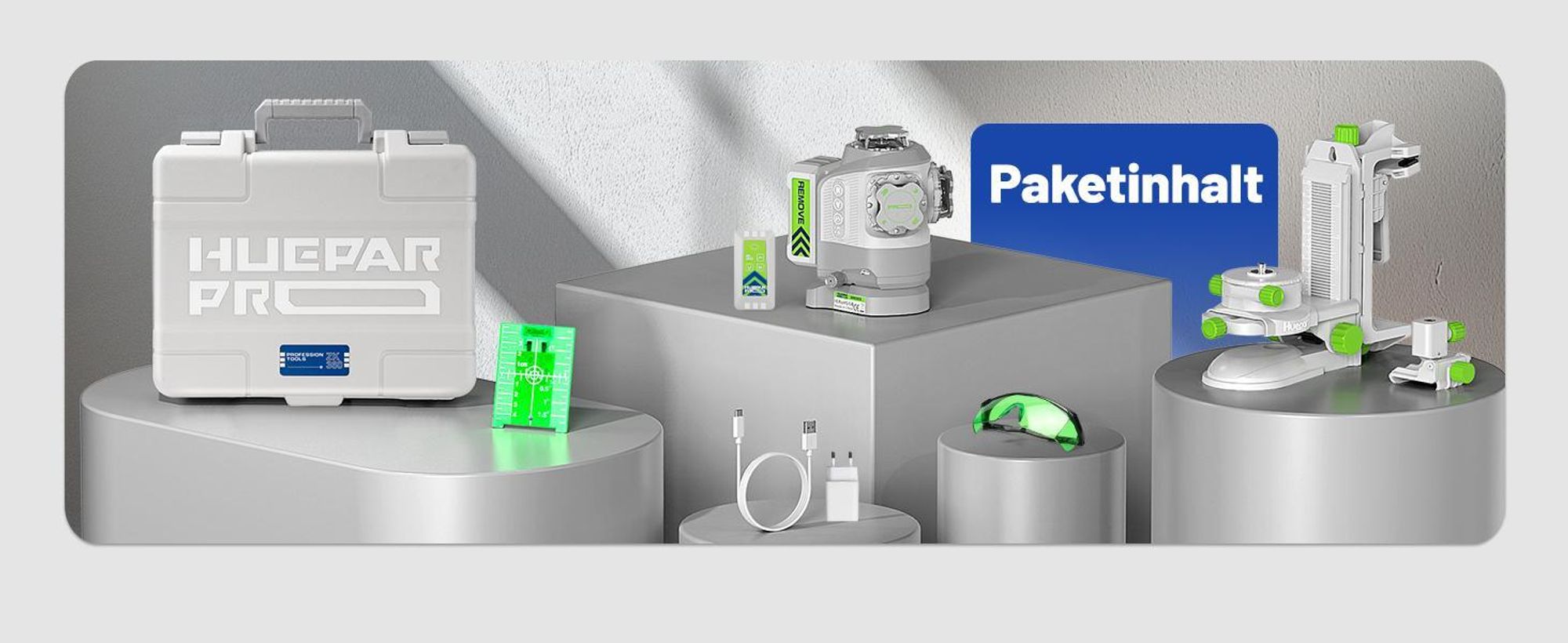 Huepar Pro GS03CG 360 stupňový krížový laser zelený, 8000mAh batéria, mikro nastavenie