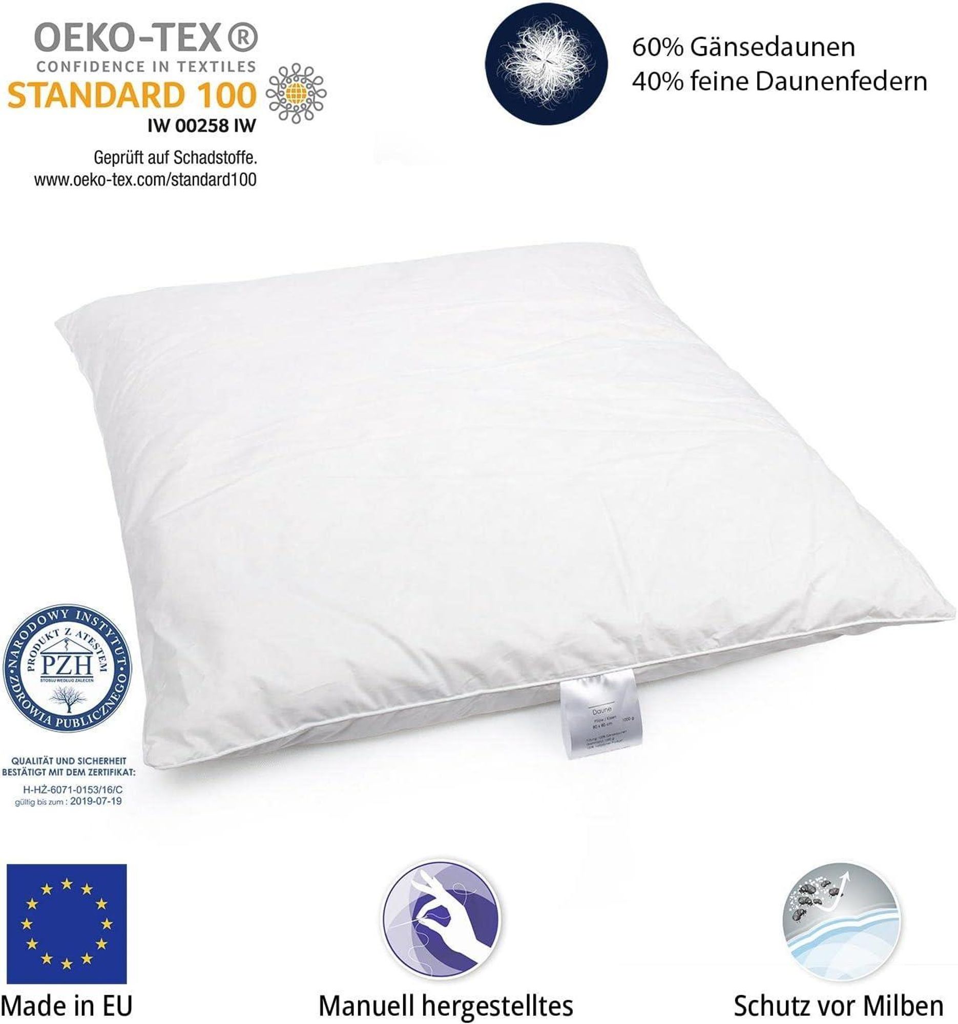 4-er Set | Kopfkissen 80x80 cm | Füllung: 1000 Gramm Daunen | 100% Natur Kissen | Bezug: 100% Baumwolle | Daunenkissen 80 x 80 cm