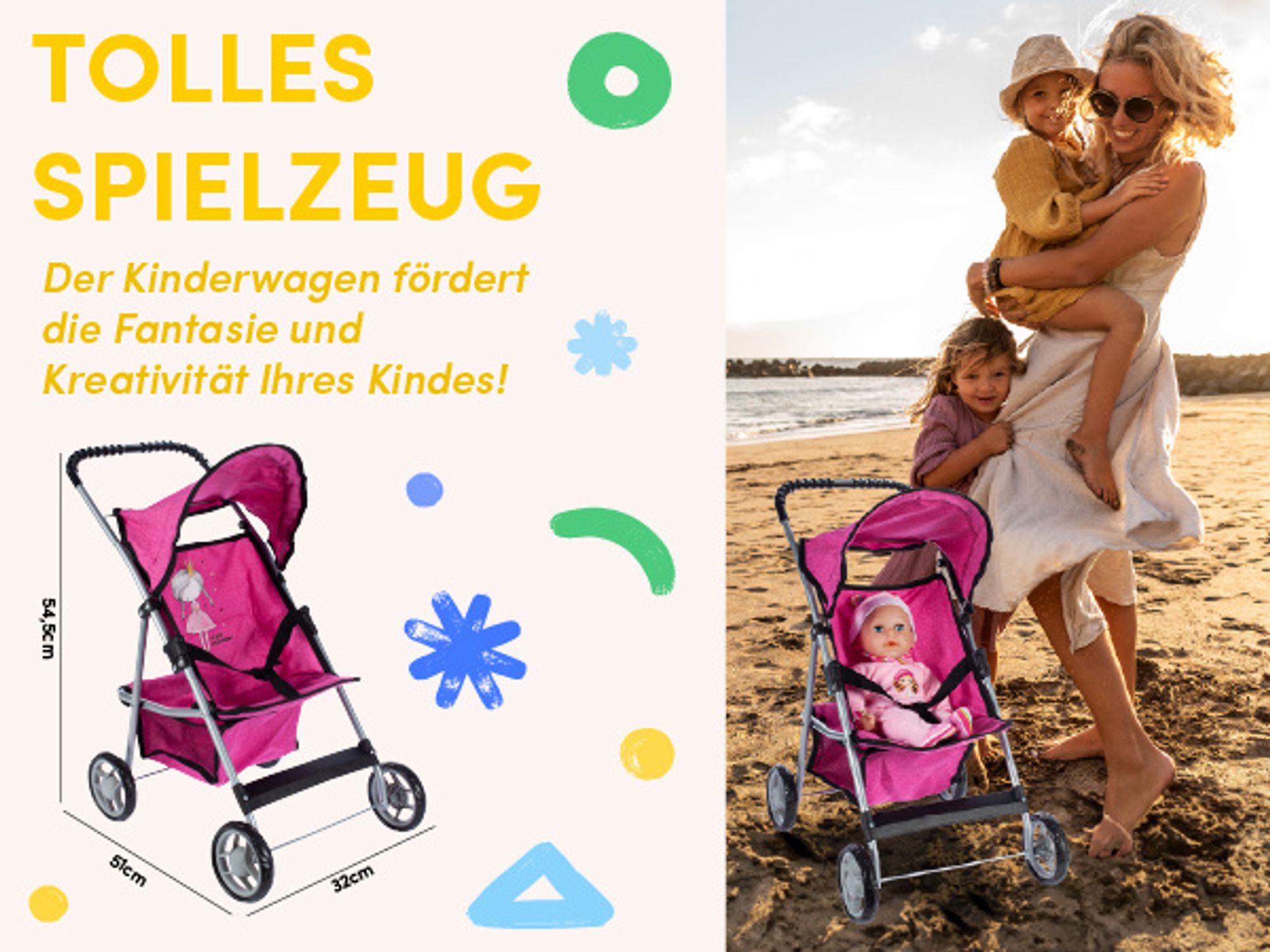 Puppenwagen mit klappbarem Verdeck in rosa